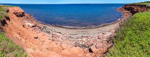 Panoramic View (Longer) of Red Rocks and cliffs on Cavendish Beach, Prince Edward Island National Park, Canada