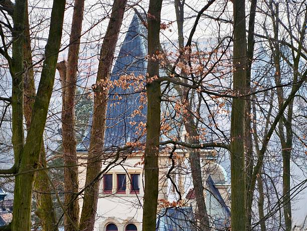Small chapel glimpsed through bare trees near lakeside, pale facade and arched windows partially hidden