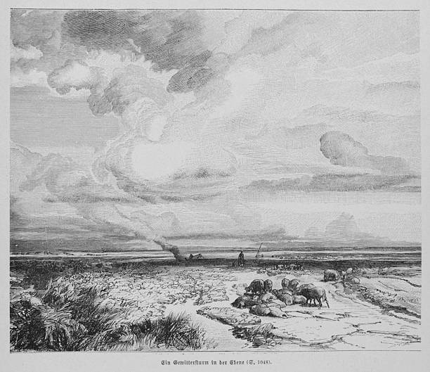 This 19th-century wood engraving captures a dramatic thunderstorm sweeping across a vast plain. A shepherd and his flock of sheep seek shelter as a funnel cloud descends from the turbulent sky. The artwork beautifully depicts the raw power of nature and the vulnerability of life in the face of such forces.