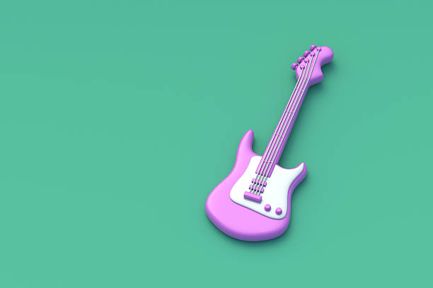 Modern guitar on green background. Musical instrument. Toy for children. Copy space. 3d render