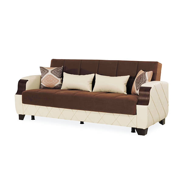 Brown Mid Back Linen Sofa Bed Isolated on White. Upholstered Loveseat with Armrests and Seat Cushion Front View. Three 3 Seater Couch with Four Scatter Pillows