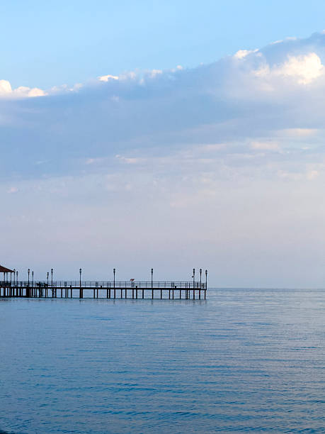 Quiet lakeside scene with a wooden dock reaching toward the horizon under gentle daylight.