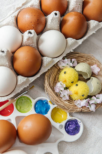 A comprehensive collection of spring-themed images capturing the essence of Easter and rural life. The series features a majestic brown rooster on green grass and near a wicker fence, festive baking still life with eggs and flour, and natural details like a weathered tree stump and bright blue sky. Perfect for holiday marketing, organic farming concepts, and traditional lifestyle content.
