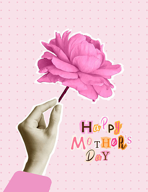Happy Mothers Day card with mom text and hand hold flower. Trendy modern collage design with retro halftone texture. Vector illustration. Vector illustration
