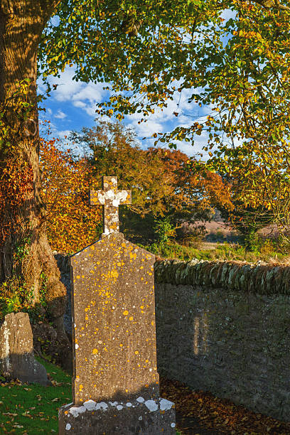 An ancient stone cross headstone covered in orange lichen stands within the historic Monasterboice ruins in County Louth, Ireland, highlighting Irish culture and heritage surrounded by vibrant autumnal trees and a dry stone wall under a clear blue sky.
