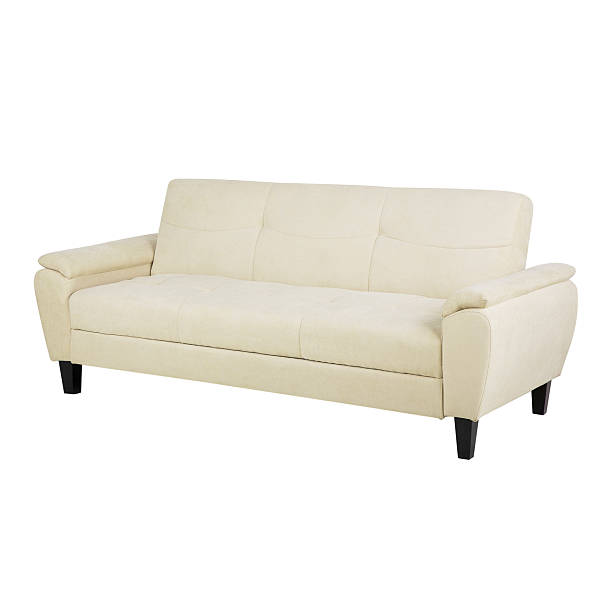Classic White Mid Back Fabric Sofa Bed Isolated on White Background. Modern Upholstered Loveseat with Cushioned Armrests and Seat Cushion Side View. Stylish Two 2 Seater Couch