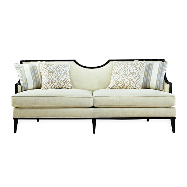 Classic Beige Mid Back Fabric Sofa Bed Isolated on White. Luxurious Upholstered Loveseat with Seat Cushion Front View. Contemporary Three 3 Seater Couch with Four Reversible Zippered Scatter Pillows