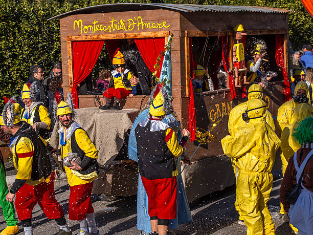Montecastrilli, Terni, Umbria, Italy - February 15, 2026:Every year, Carnival is celebrated in Montecastrilli.A small town in Umbria, the Carnival involves the entire town and its surrounding villages:Casteltodino, Castel dell'Aquila, Farnetta, Quadrelli, and Collesecco. It manages to recreate a street carnival, without barriers, with small hand-pulled floats and a great desire to have fun.