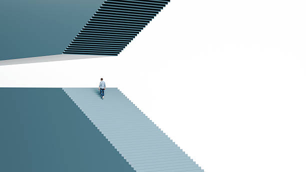 istock Man climbing staircase toward a gap with inverted steps above him representing mental barriers and professional glass ceilings, 3d render 2261917418