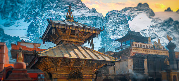 Nepalese architecture, Buddhist temple in the Himalayas. Tibet