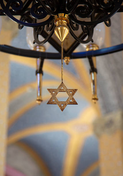 Close-up of a Star of David hanging from a chandelier. Vertical shot.