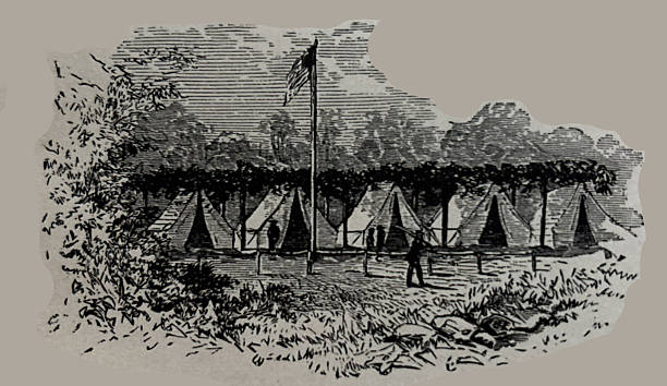 Antique illustration pre 1900 - General Sherman headquarters - Atlanta Georgia - tents and flag