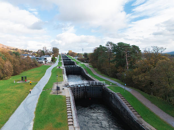 Sailboat on the way to the lock at Caledonian canal.
