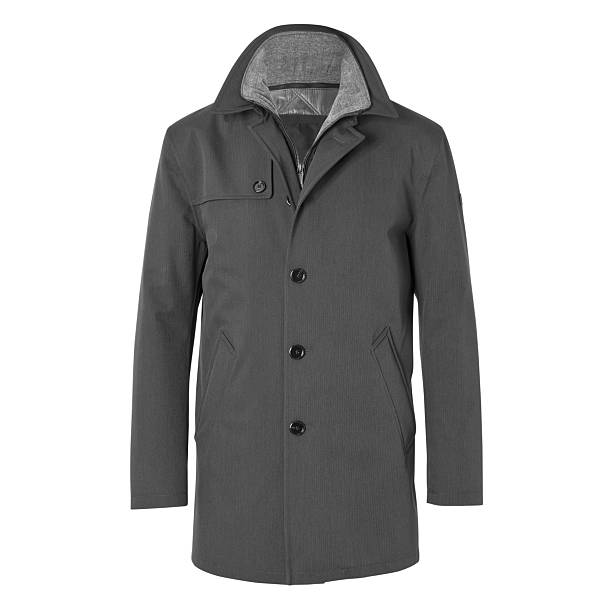 Men's Grey Pea Coat Double Breasted Isolated on White. Classic Long Jacket with Zipper & Buttons Fastening Front View. Warm Outwear Cotton Windproof Fabric. Best Outdoor Clothing for Hiking Travel