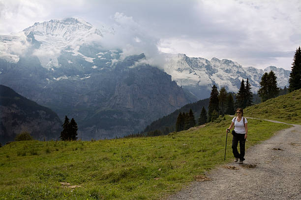 The spectacular Jungfrau massif and the Lauterbrunnen valley from an alp near Grütschalp with a hiker in the foreground, Bernese Oberland, Switzerland