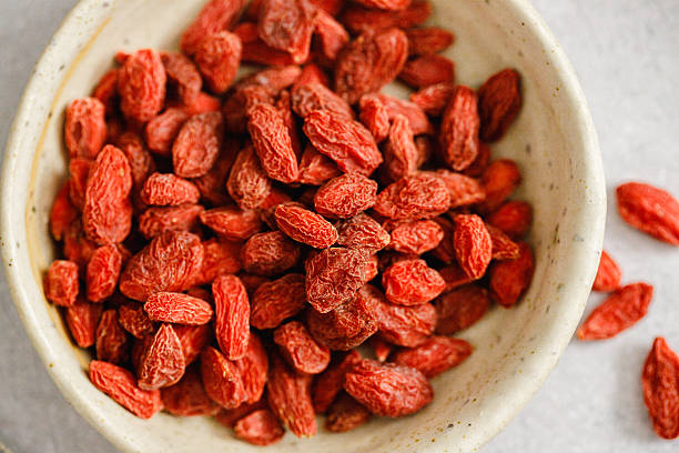 Closeup of dried goji berries in a white bowl