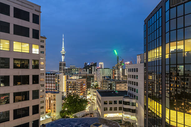 Auckland's skyline, with the Sky Tower and other downtown buildings lit up at dusk.