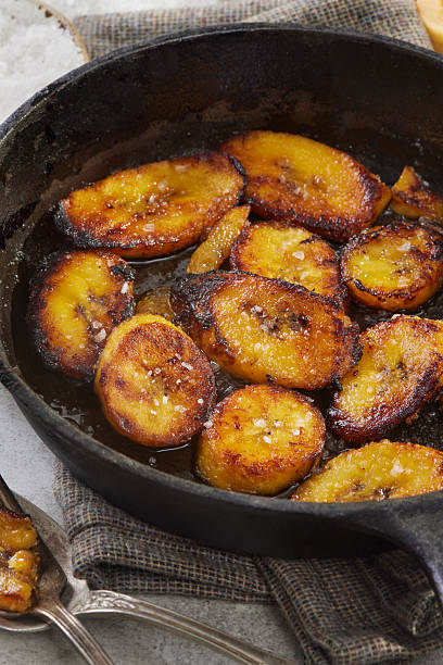 Caramelized Fried Ripe Plantains in Cast Iron Skillet, Close Up, Food Series
