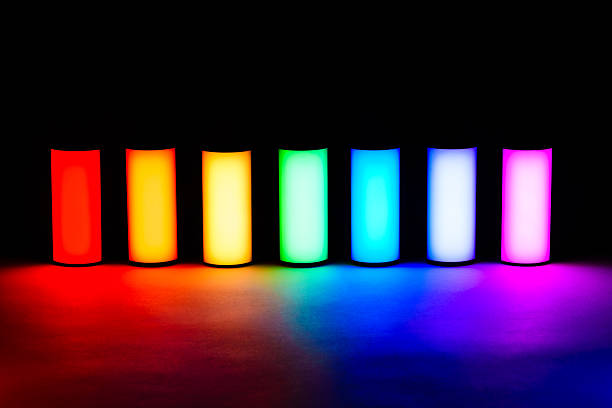 Multiple lights in straight row illuminating scene with vibrant colors.