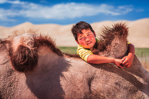 A sunlit portrait of a child leaning over and hugging the shaggy hump of a Bactrian camel. The boy squints with a rosy face against the bright light while sandy dunes and a clear blue sky form a sweeping, peaceful backdrop, capturing a tender moment between human and animal.