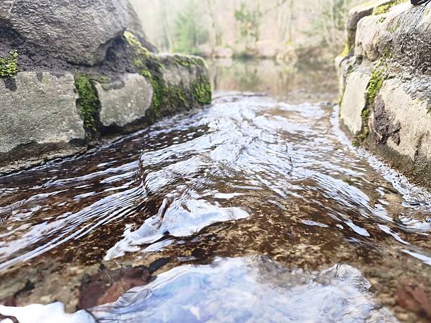 Close-up of clear water flowing dynamically between moss-covered rocks in a natural forest setting. Captured from a low angle perspective, highlighting texture, movement and freshness. Ideal for environmental, purity and nature background concepts.