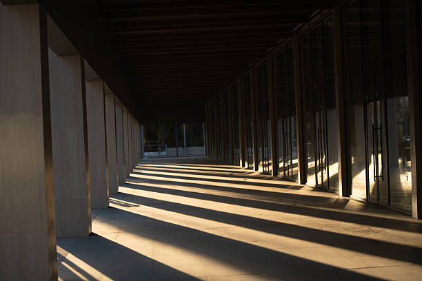 Photo of shadows of concrete columns in alley. No people are seen in frame. Shot under daylight with a mirrorless camera.
