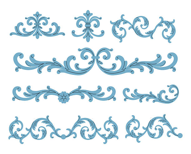 A collection of elegant blue vector ornaments featuring symmetrical floral flourishes, swirling scrollwork, and a fleur-de-lis motif. These classical baroque-style dividers and accents are isolated on a white background, ideal for wedding invitations, certificates, and luxury branding.