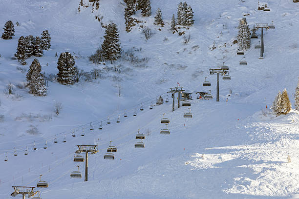 Snow covered mountain with ski slopes, ski lift and trees on a sunny day in Austrian Alps.