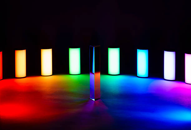 Studio photo with multiple colored lights representing the rainbow with glass prism reflecting colors and patterns.