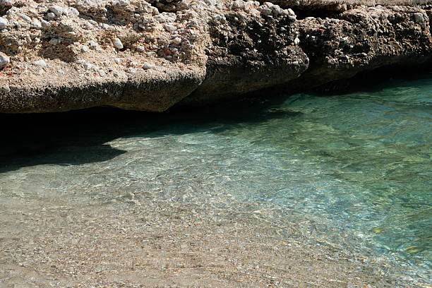 Water reflects light as it moves over rocks near the shore under bright sunlight. The scene shows a natural coast with clear water and rocky formations.