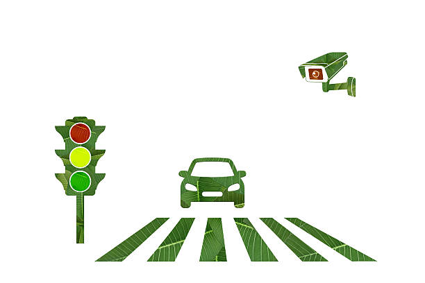 Red traffic light on grass isolated on orange background. 3d illustration