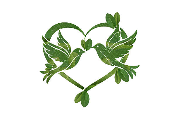 Green leaf textured birds forming a heart shape symbol. Concept of environmental love, sustainability, harmony with nature, eco relationship, green partnership, biodiversity protection, and peaceful environmental connection.