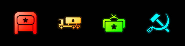 Set Ushanka, Tanker truck, and Hammer and sickle USSR icon. Vector.