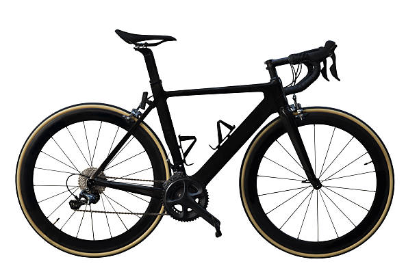 View of Professional Carbon Road Bike on Deep Profile Carbon Aero Wheels. Over white. Horizontal Image