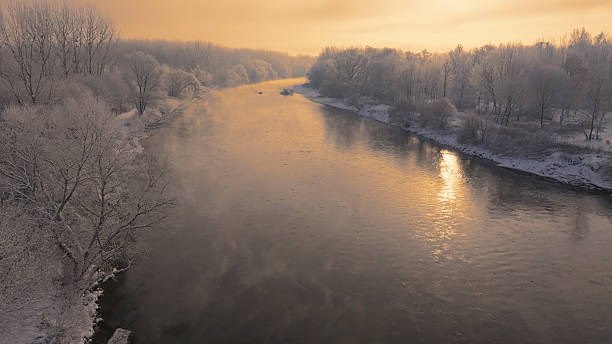 Frozen river winds through snow-laden trees under golden morning light. Frost-covered banks frame the water's gentle flow, with dense forest lining both sides. Soft winter sunrise illuminates the misty atmosphere