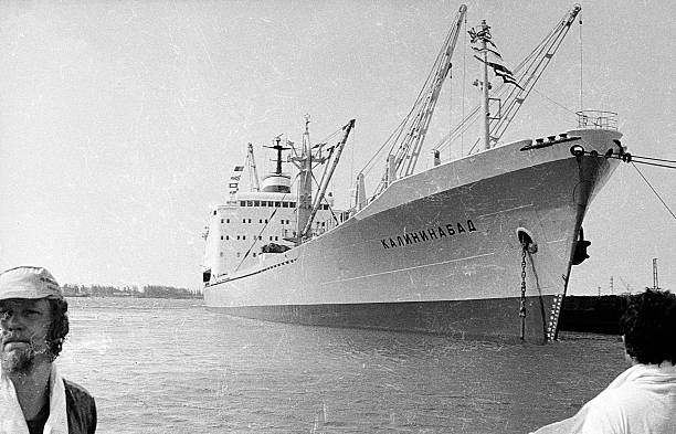 Havana, Cuba - May 1, 1978: Kalininabad cargo ship in port of Havana