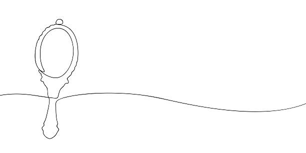 Minimal line illustration of a handheld mirror with an oval frame and decorative handle, suitable for beauty, grooming, and personal care concepts.