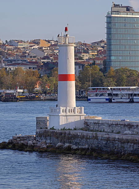 White Lighthouse With Red Line at Kadikoy Port in Istanbul Turkey Sunny Autumn Day