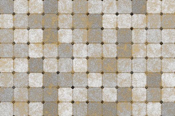 High end 3D render of grey stone octagonal tiles with metallic gold marbling and black diamond inserts.