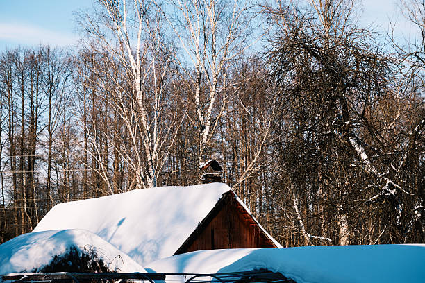 Rooftop of village covered by deep snow