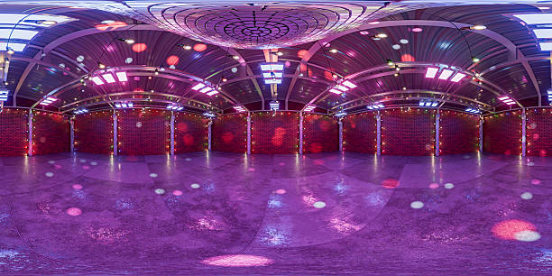 Environment map for your project, panorama. Conformal panorama. Retro disco room. A brick disco room with a disco ball and garlands of light bulbs. 3d render