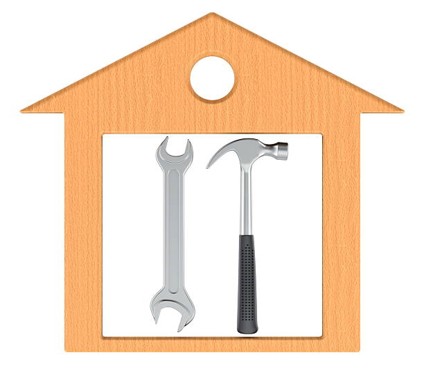 Home repair icon with wrench and hammer, 3D rendering isolated on white background