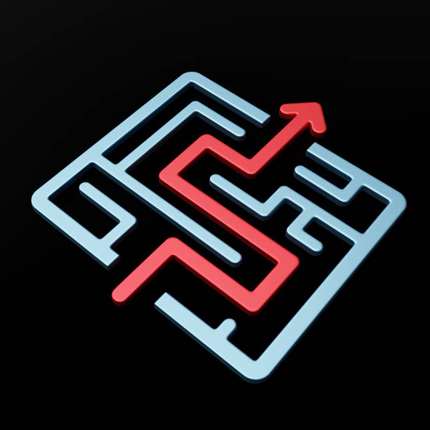 red line moves upward through a maze made of blue lines. design features a clear path alongside walls on a black background. maze layout invites exploration. 3d render.