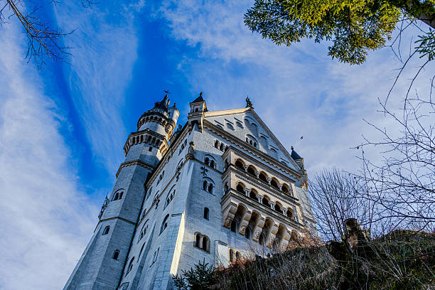 Low-angle perspective of Neuschwanstein Castle rising dramatically above forested slopes in Bavaria, Germany. The iconic fairytale castle dominates the alpine landscape, creating a powerful visual contrast between historic architecture and nature.