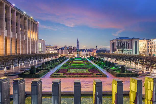 Brussels, Belgium cityscape from the Mont des Arts at twilight.