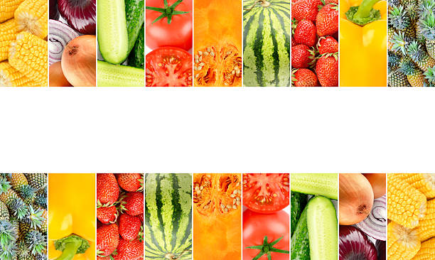 Colorful collage of fresh vegetables and fruits with central copy space