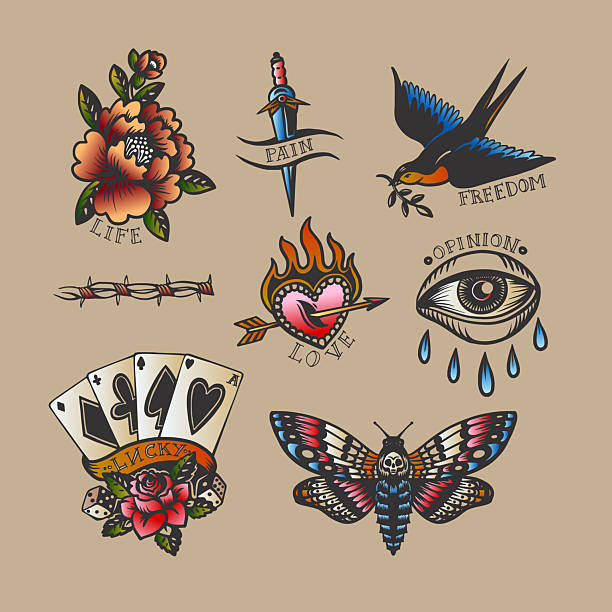 Vintage tattoo isolated featuring old school symbols: swallow bird, flaming heart, dagger, playing cards, rose, butterfly and eye with tears. Bold traditional illustration on beige background. Perfect for fabric, wallpaper, wrapping paper and fashion prints.