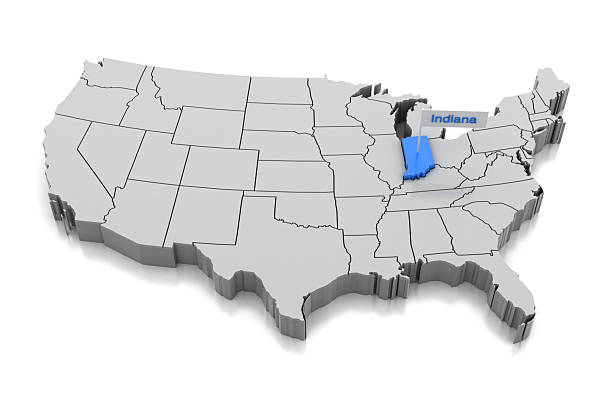 Indiana state highlighted on USA map with flag pin isolated on white background