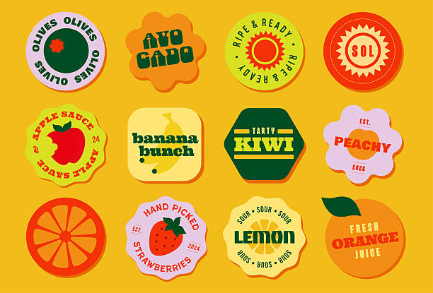 Set of retro and nostalgic styled fruit sticker pack. Collection of bright, fresh, bold and vintage graphic elements on a vibrant background. Soft and rounded stickers. Vector illustration stock illustration. stock illustration