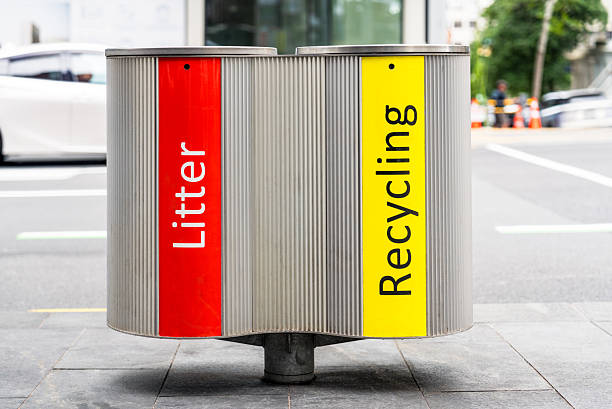 City centre bins in Auckland, New Zealand, labelled for litter in red, and recycling in yellow.